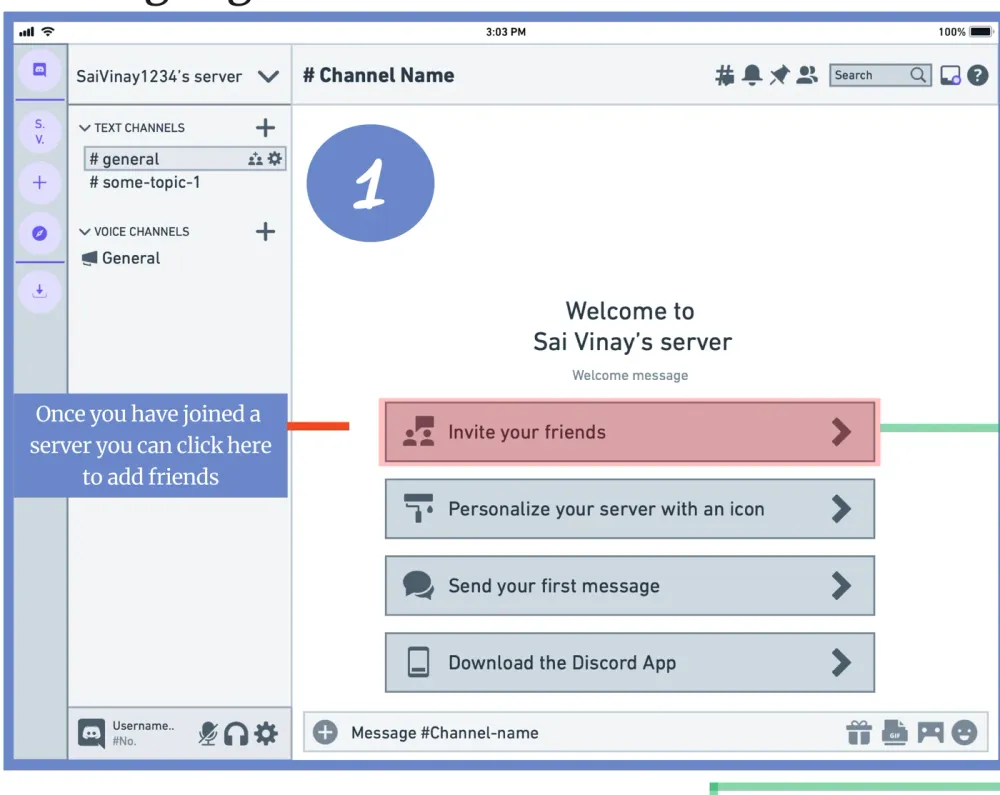 Discord server welcome screen with an 'Invite your friends' option highlighted among onboarding checklist items.
