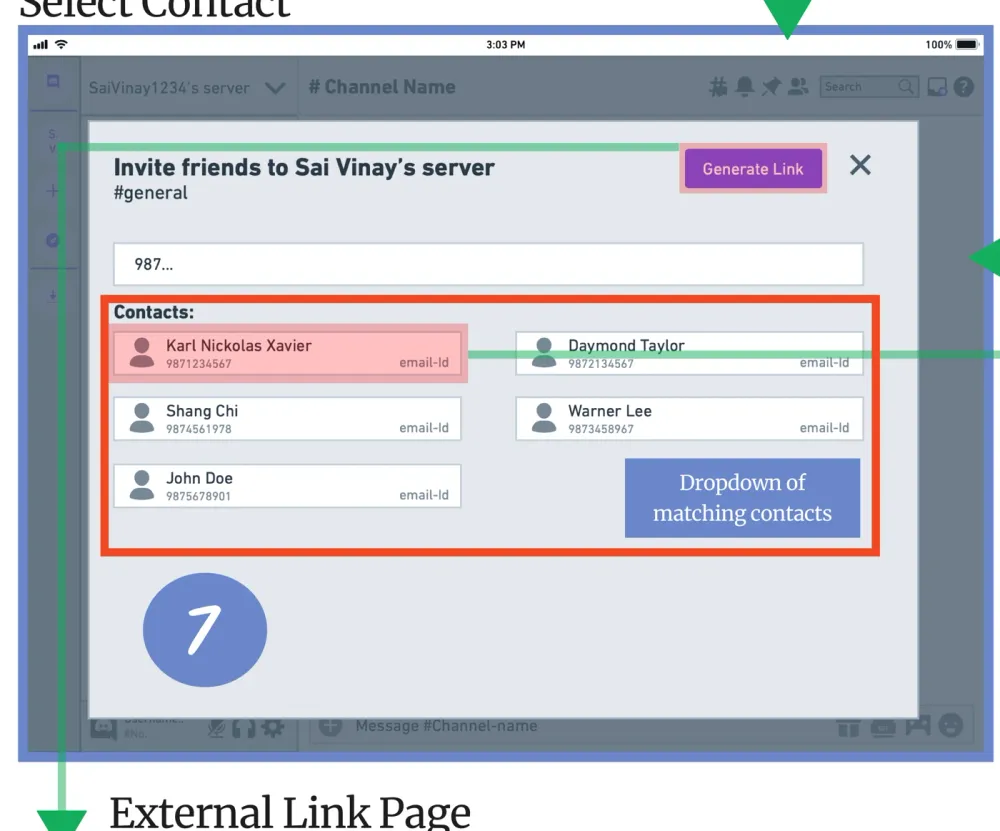 Dropdown of matching contacts to select from after a search, showing name and contact details.